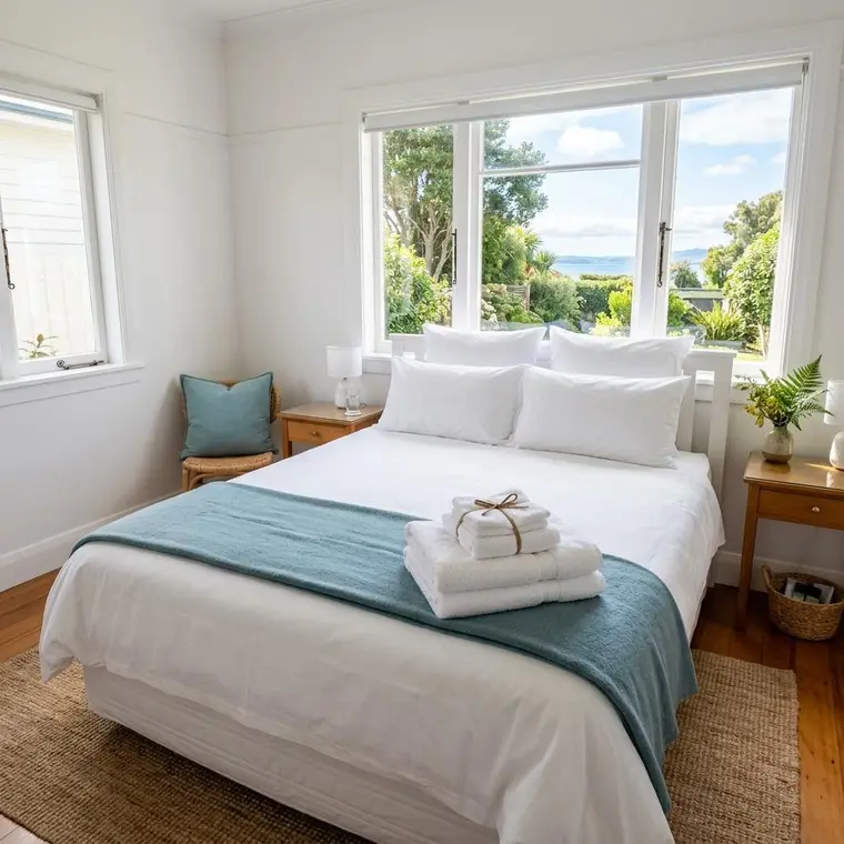 Fresh holiday rental bedroom prepared in Havelock North