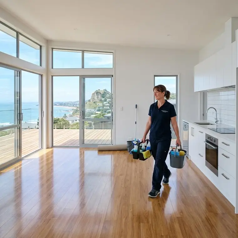 Cleaner carrying supplies through a freshly prepared Hawke’s Bay home