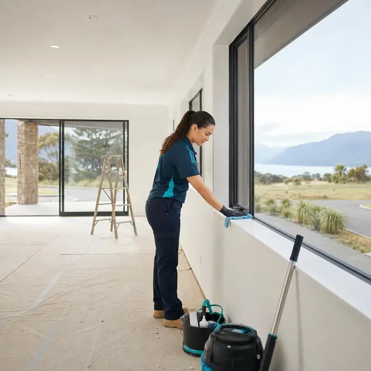 Cleaner removing residue from windows in a newly finished Hawke’s Bay space