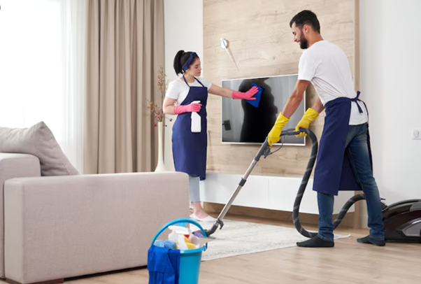Professional cleaners vacuuming rug and wiping TV screen