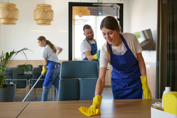 Three cleaners in blue aprons cleaning office