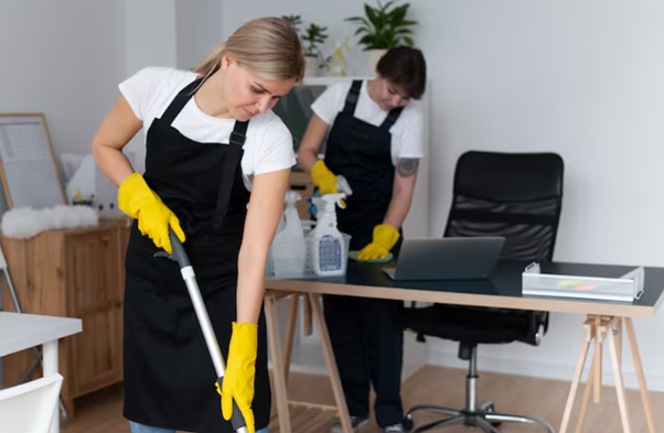 Two professional cleaners working in an office environment